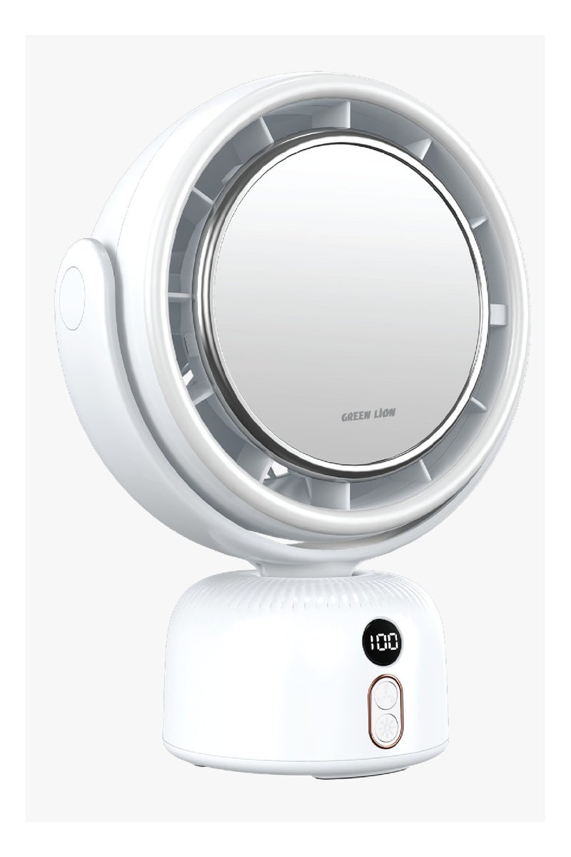 GREEN LION Portable Makeup HD Mirror Fan with Light Modes & 11H Working Time / Adjustable Fan Speed / Low Noise Level / Adjustable Rotation / Digital Display / Anti-Slip Base / Handgrip Hole - White - Image 1