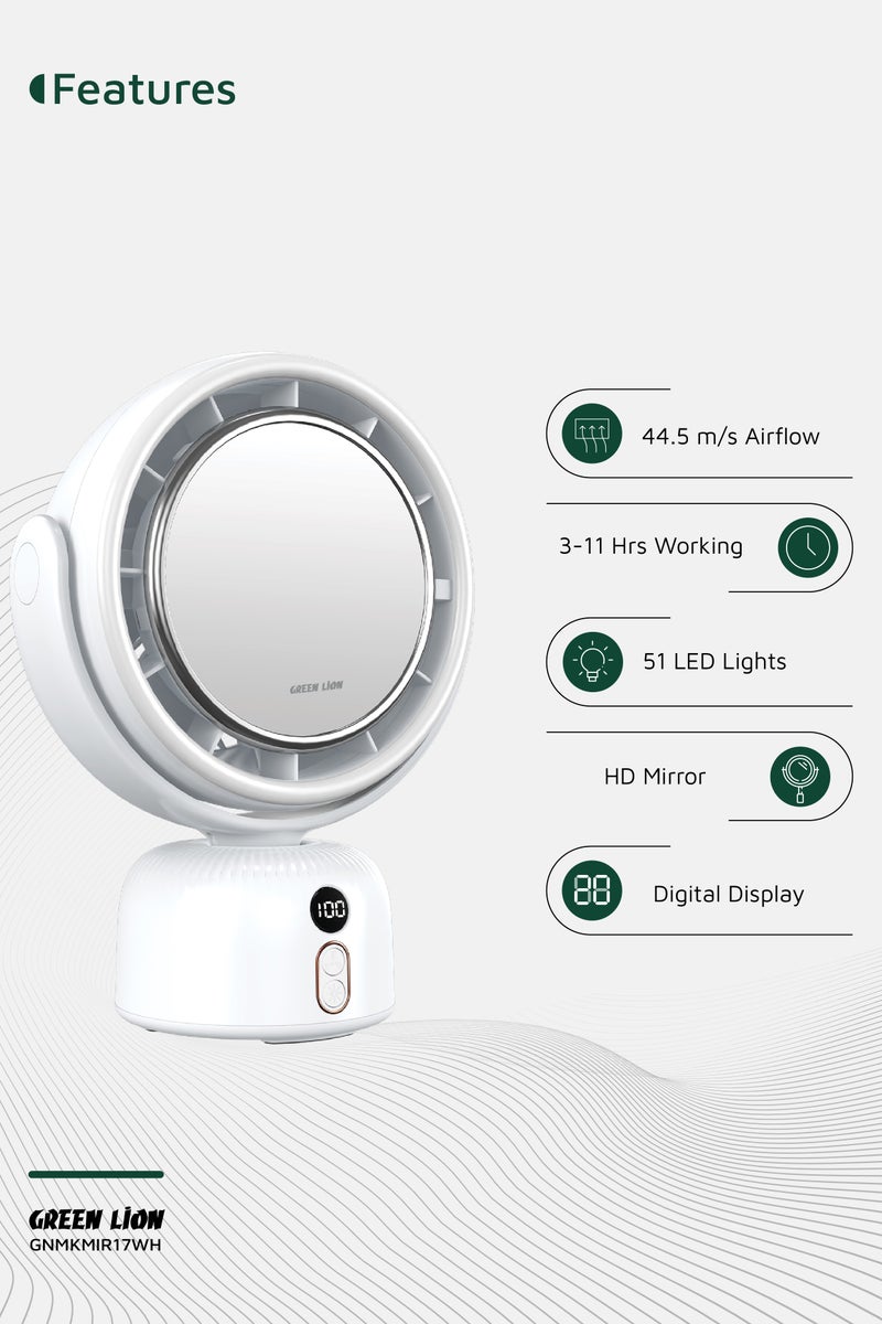 GREEN LION Portable Makeup HD Mirror Fan with Light Modes & 11H Working Time / Adjustable Fan Speed / Low Noise Level / Adjustable Rotation / Digital Display / Anti-Slip Base / Handgrip Hole - White - Image 2
