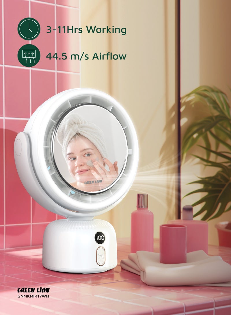 GREEN LION Portable Makeup HD Mirror Fan with Light Modes & 11H Working Time / Adjustable Fan Speed / Low Noise Level / Adjustable Rotation / Digital Display / Anti-Slip Base / Handgrip Hole - White - Image 3