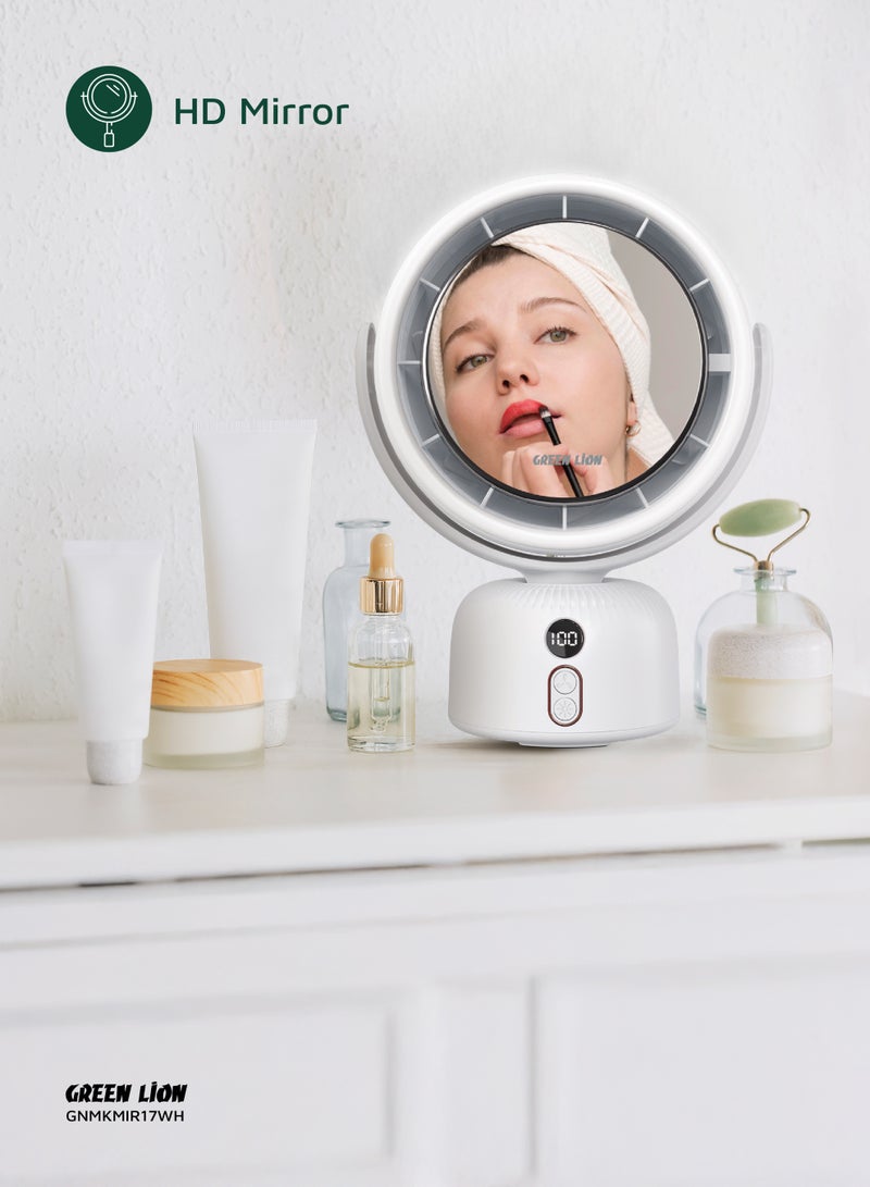 GREEN LION Portable Makeup HD Mirror Fan with Light Modes & 11H Working Time / Adjustable Fan Speed / Low Noise Level / Adjustable Rotation / Digital Display / Anti-Slip Base / Handgrip Hole - White - Image 4