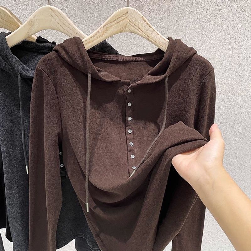 Self-heating Velvet Hoodie Long-sleeved fleece-lined Warm Base Shirt Autumn and Winter New Western Style Small Shirt All-match Top Trendy Coffee color [cationic de velvet fleece-lined warmth]]