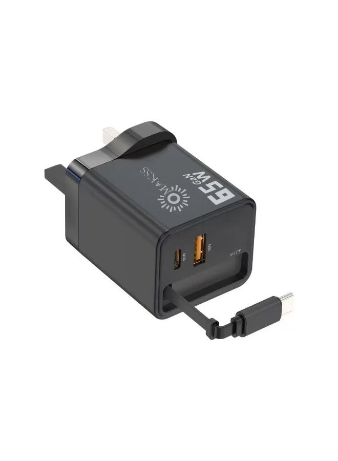 OMAKSS 65W GaN Type C Charger, Dual Ports USB Laptop Wall Charging Plug Power Adapter Compatible for Laptop HP, Lenovo, Dell, Macbook Air, iPhone 17 Pro Max, iPad-Black - Image 1