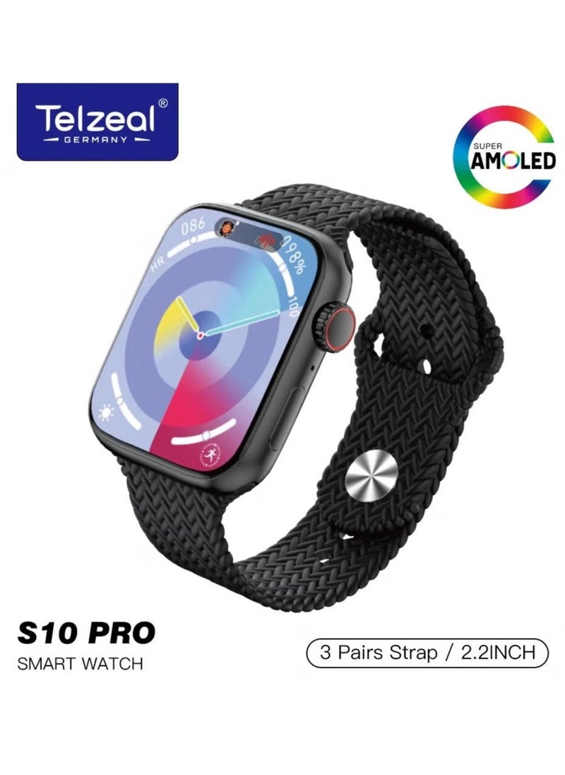 Telzeal S10 Pro AMOLED Display Smart Watch with 3 Pairs of Straps, Wireless Charger – Stylish, High-Resolution Display, Fitness Tracking, Heart Rate Monitoring, and More – Black - Image 1