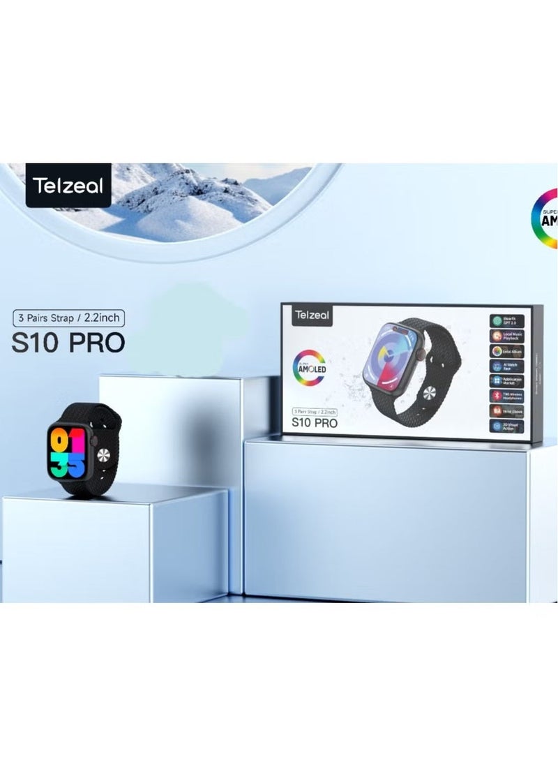 Telzeal S10 Pro AMOLED Display Smart Watch with 3 Pairs of Straps, Wireless Charger – Stylish, High-Resolution Display, Fitness Tracking, Heart Rate Monitoring, and More – Black - Image 3