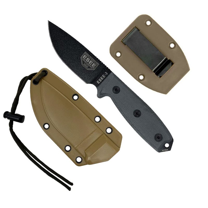 ESEE 3P Fixed Blade Knife with Grey Micarta Scale Handles and Coyote Molded Sheath - Image 1