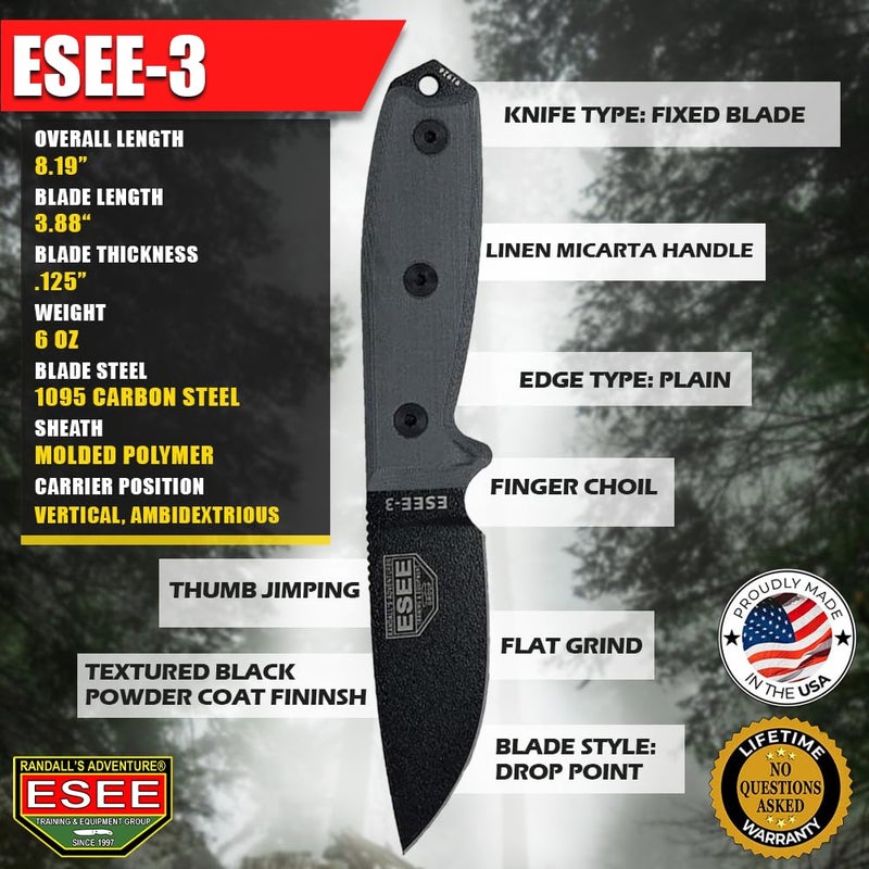 ESEE 3P Fixed Blade Knife with Grey Micarta Scale Handles and Coyote Molded Sheath - Image 2