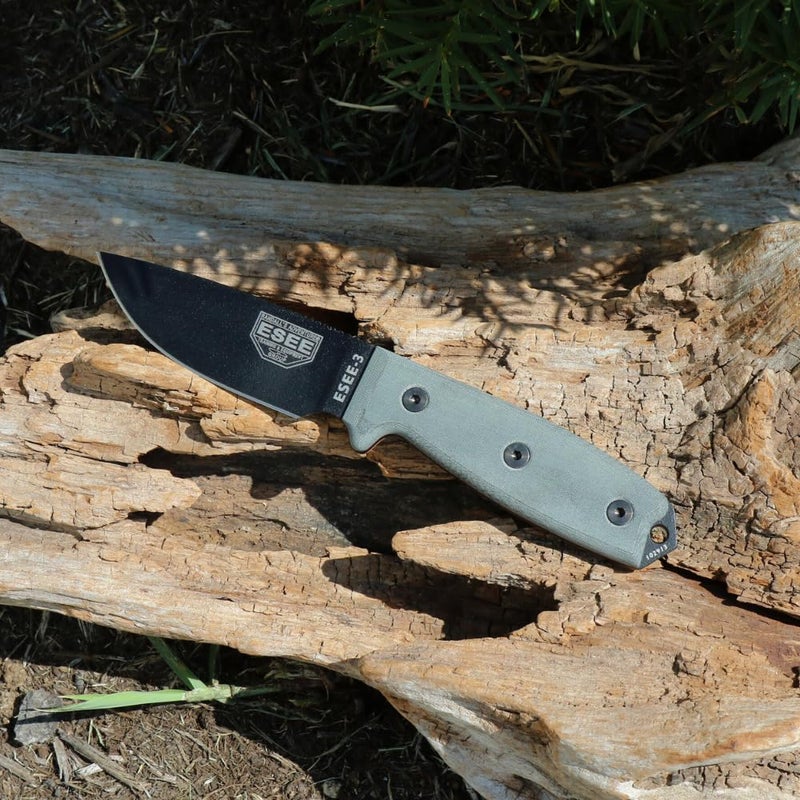 ESEE 3P Fixed Blade Knife with Grey Micarta Scale Handles and Coyote Molded Sheath - Image 3
