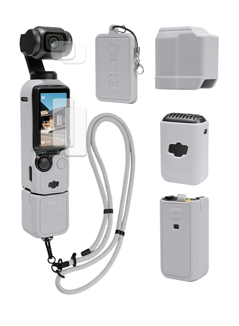 Apustim Accessory Kit For DJI Osmo Pocket 3，Including a Soft Silicone Protective Case，a Three In One Lanyard，Two Sets Of Screen Lens Protectors，And a Grip Protector （Gray） - Image 1