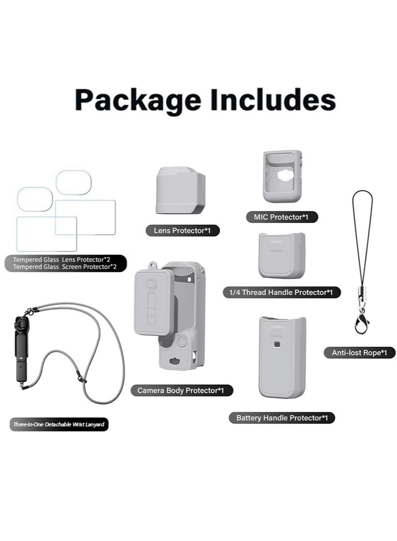 Apustim Accessory Kit For DJI Osmo Pocket 3，Including a Soft Silicone Protective Case，a Three In One Lanyard，Two Sets Of Screen Lens Protectors，And a Grip Protector （Gray） - Image 2