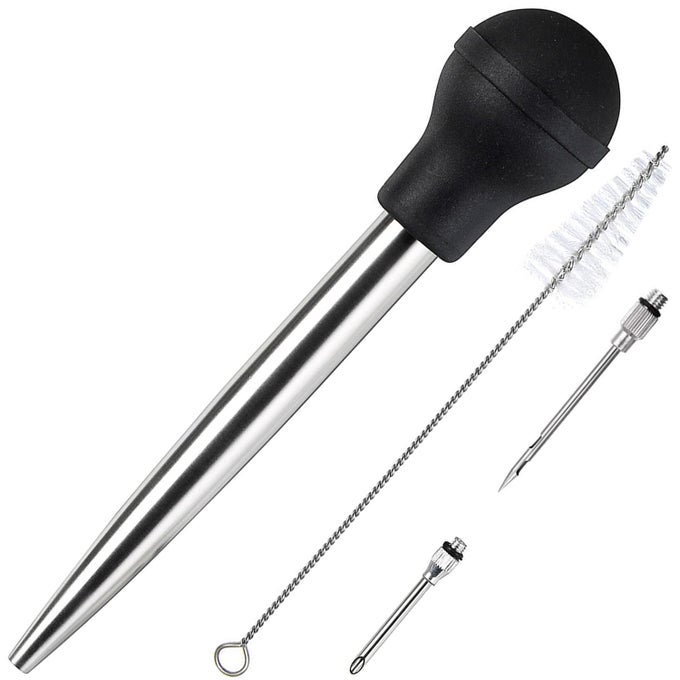 STAINLESS STEEL TURKEY BASTER COMMERCIAL GRADE QUALITY RUBBER BULB INCLUDING 2 MARINADE INJECTOR NEEDLES AND BRUSH FOR EASY CLEAN UP
