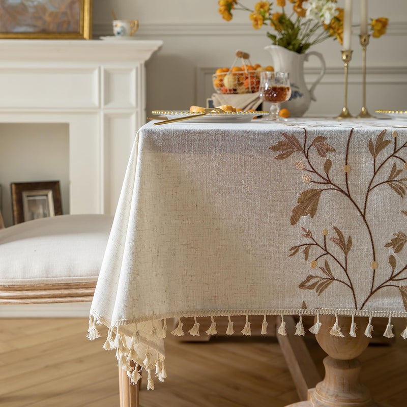 Oubonun Tablecloths for Rectangle Tables, Cotton Linen Waterproof Farmhouse Table Cloth with Boho Tassels â€“ Wrinkle Free, Wipeable & Washable for Kitchen & Dining, 55''x70'', 4-6 Seats - Image 4