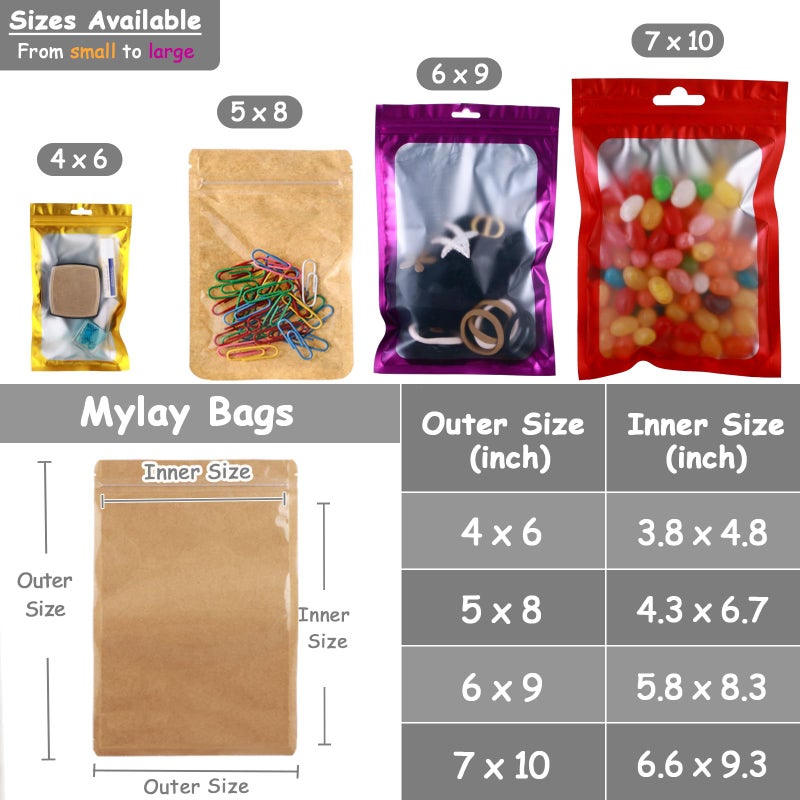 lucpur 200-pack Kraft Mylar Bags with Clear Window 6" x 9" Resealable Foil Pouches for Food Storage Smell Proof Edible Packaging Bag for Cookies Jewelry Small Business Shipping Bags - Image 3