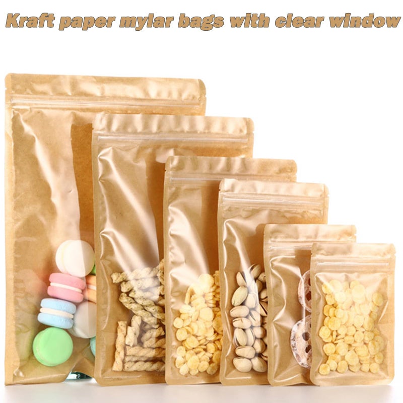 lucpur 200-pack Kraft Mylar Bags with Clear Window 6" x 9" Resealable Foil Pouches for Food Storage Smell Proof Edible Packaging Bag for Cookies Jewelry Small Business Shipping Bags - Image 5
