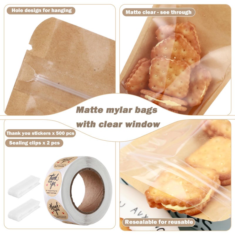lucpur 200-pack Kraft Mylar Bags with Clear Window 6" x 9" Resealable Foil Pouches for Food Storage Smell Proof Edible Packaging Bag for Cookies Jewelry Small Business Shipping Bags - Image 2