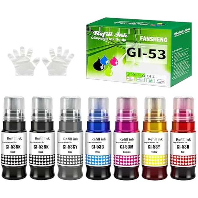 GI53 GI-53 INK COMPATIBLE WITH PIXMA GI-53 GI 53 INK BOTTLES FOR G550 G650 PRINTERS (7-PACK, 2 BLACK/CYAN/MAGENTA/YELLOW/RED/GREY) - Image 2