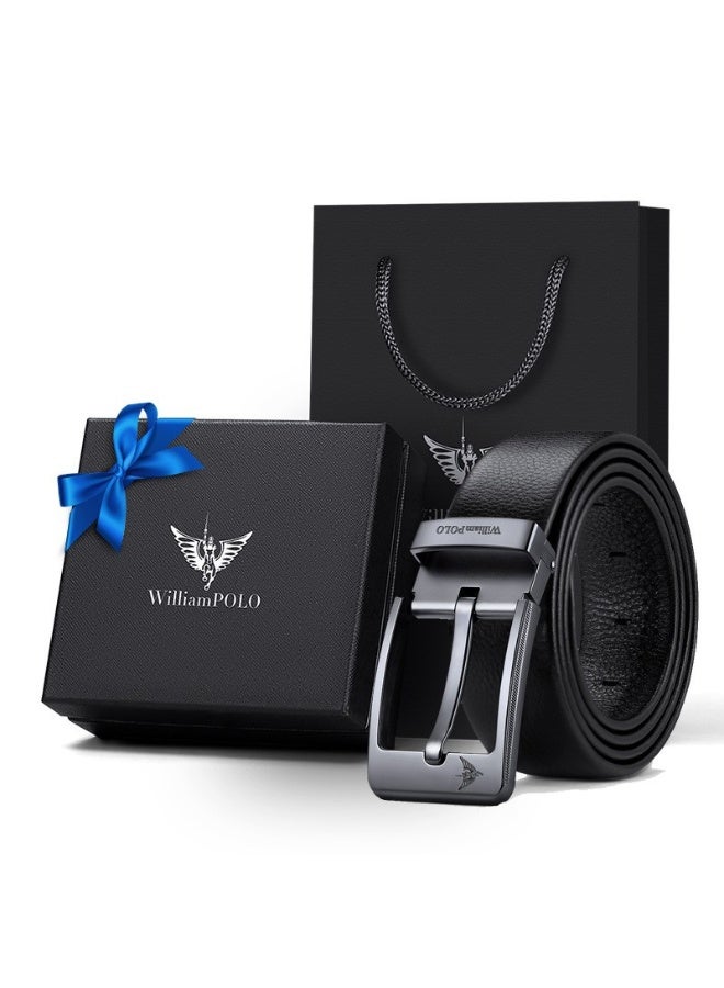 William Polo Men's Leather Belt, 125cm Genuine Leather Adjustable Belt, Black Metal Buckle Belts for Men Jeans Formal Business Belts with Adjustable Buckle Black Belts for Men Jeans - Image 1