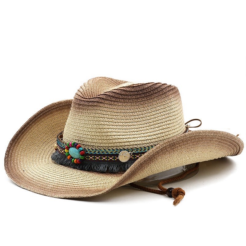 Fedora Rolled Brim Denim Straw Ethnic Large Brim Sun Protection European Western Cowboy Equestrian Hat - Image 1
