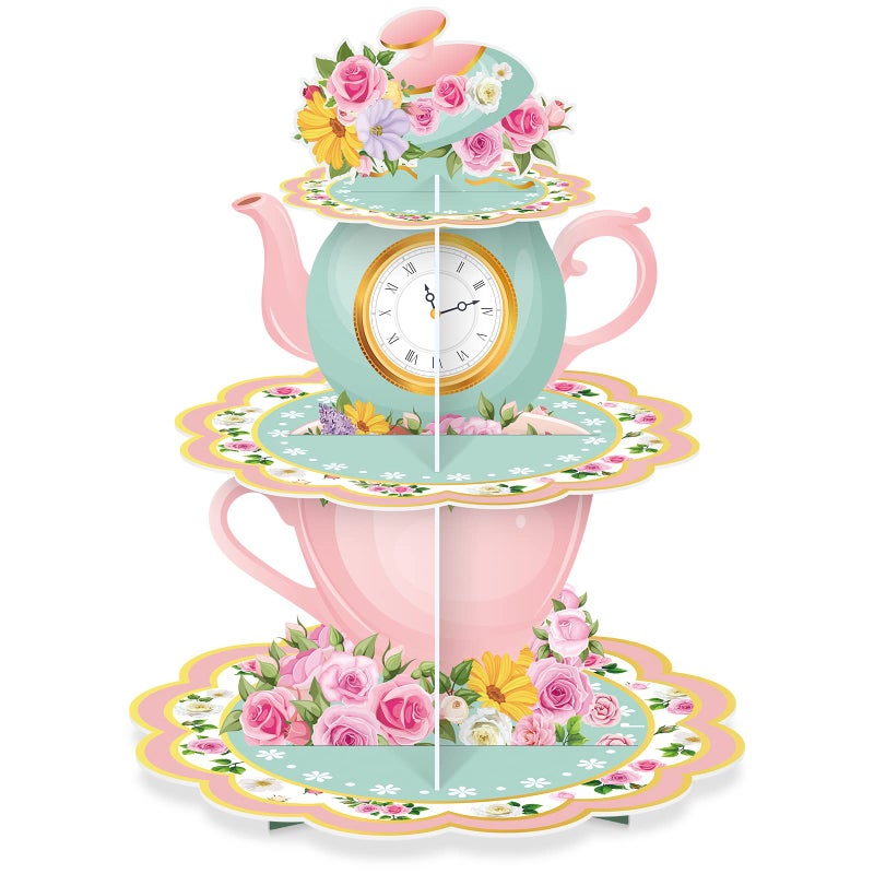 Zopeal 3 Tier Floral Tea Party Cupcake Stand Decorations Spring Vintage Teapot Cupcake Holder Talking Dessert Tower for Flower Theme Baby Shower Princess Birthday Wedding Supplies