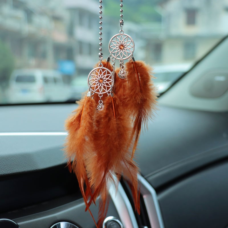 Feather Dreamcatcher Car Rearview Mirror Hanging Decor Dark Curry Feather Dream Catcher 