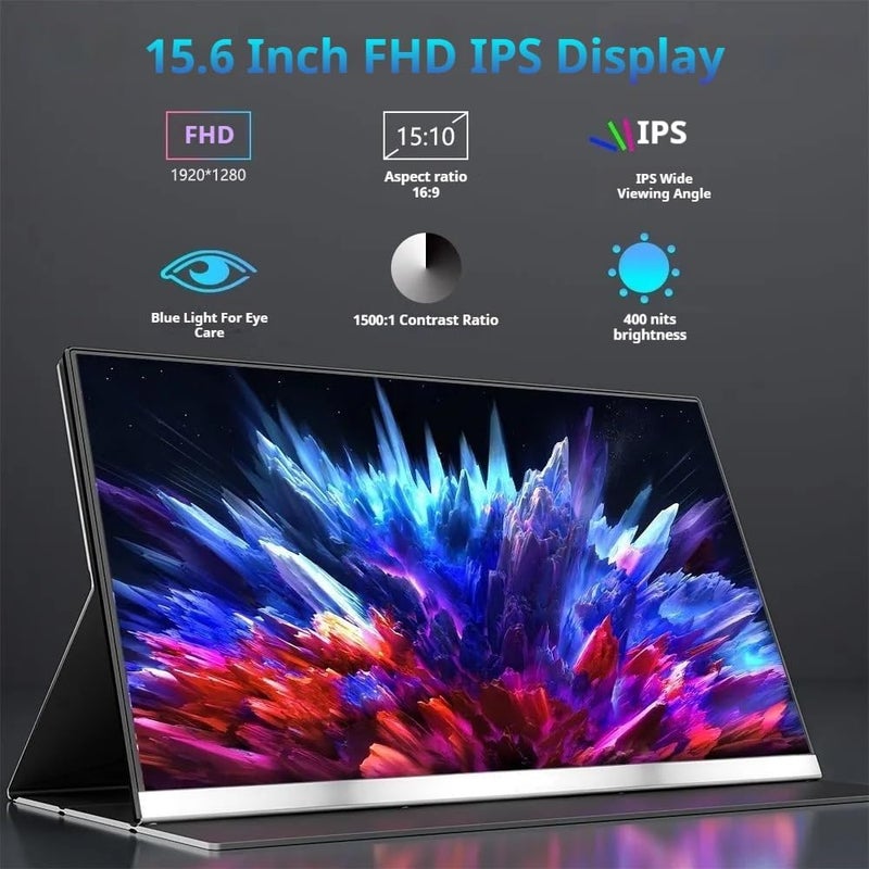 ڤي2كوم شاشة محمولة من V2COM بحجم 15.6 بوصة، عرض كامل الدقة 1080P، شاشة خارجية فائقة النحافة مع منافذ USB-C وMini HDMI، متوافقة مع أجهزة الكمبيوتر المحمولة وأجهزة الكمبيوتر الشخصية وأجهزة Mac وPS5 والهواتف، مع غطاء حماية مضمن. - Image 2