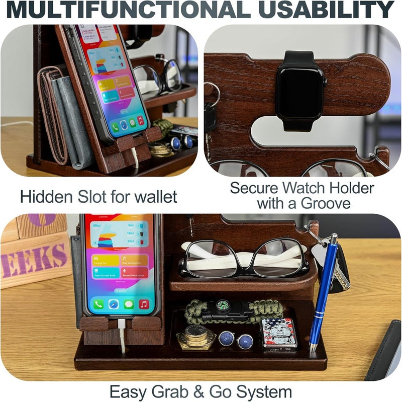 TESLYAR Wood Phone Docking Station for Men - Desk or Nightstand Organizer - Birthday Gifts for Husband, Dad - Anniversary Idea from Wife - Key Holder, Stand Wallet, Watch, Essentials (Chocolate Brown) - Image 4