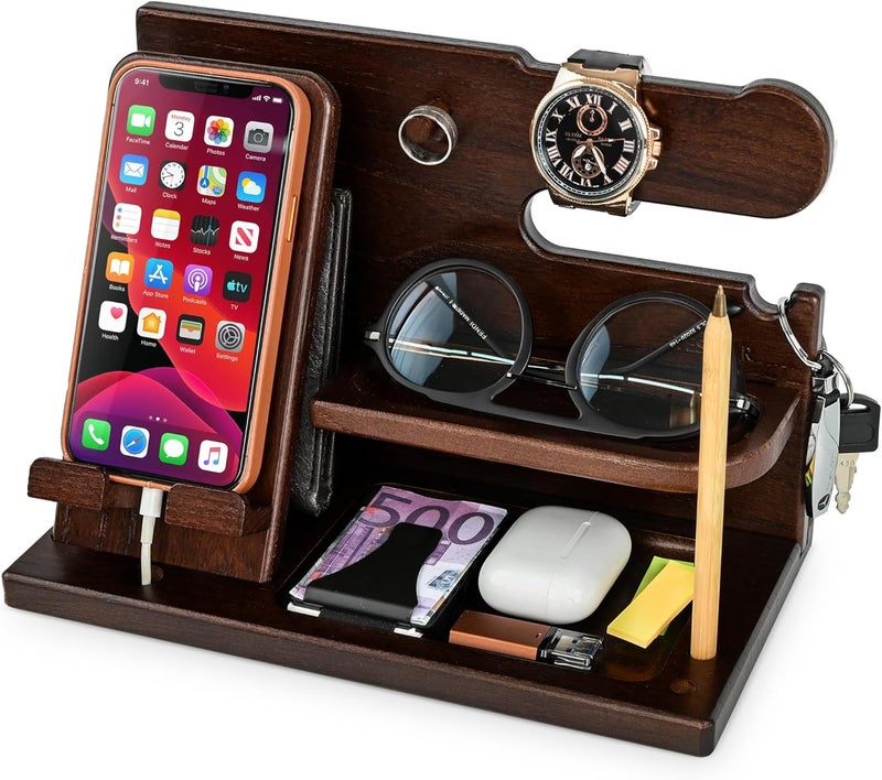 TESLYAR Wood Phone Docking Station for Men - Desk or Nightstand Organizer - Birthday Gifts for Husband, Dad - Anniversary Idea from Wife - Key Holder, Stand Wallet, Watch, Essentials (Chocolate Brown) - Image 1