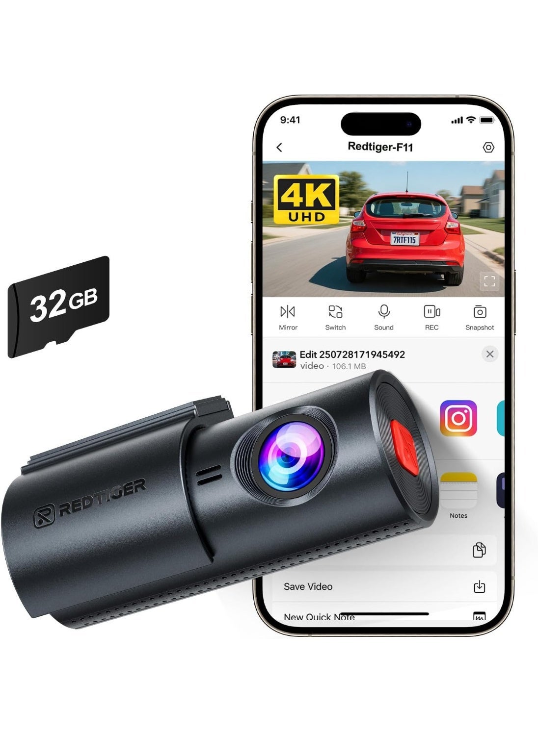 REDTIGER 4K Dash Cam, Mini Front Dash Camera with WiFi, Night Vision Anti-theft Car Camera, 24H Parking Mode, Loop Recording, WDR, Two-step Easy Installation, Included 32GB Card, Support up to 256GB