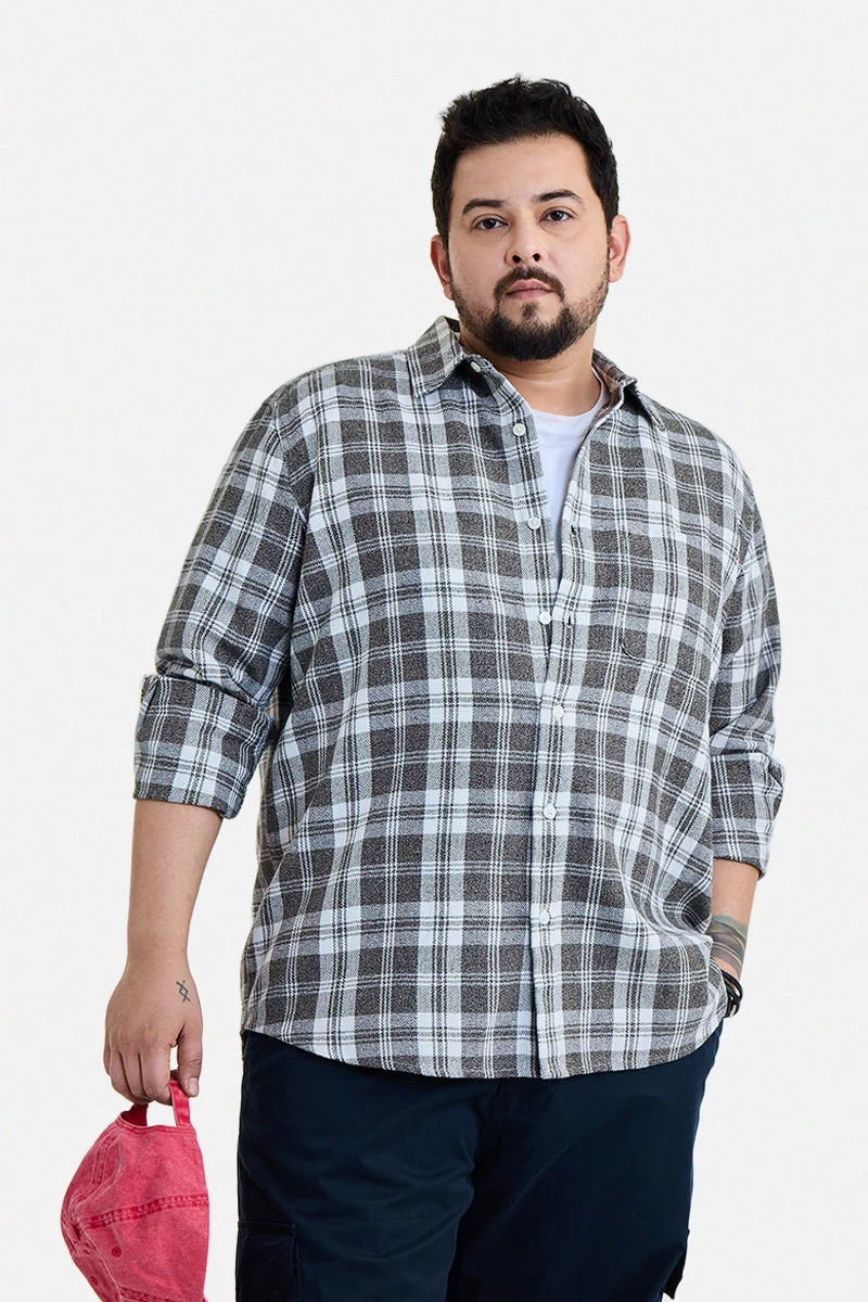 سنيتش Brown Checkered Long Sleeve Regular Fit Plus Size Shirt