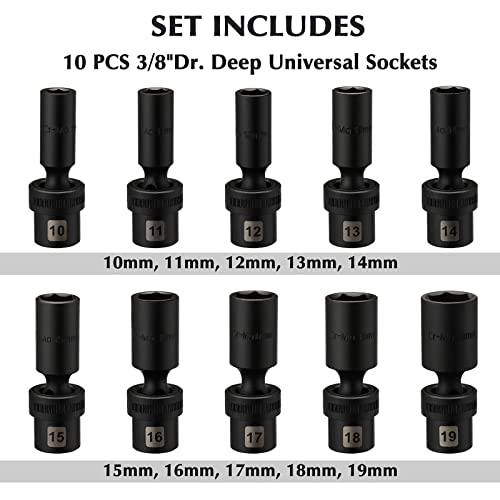 EMENTOL 10PCS 3/8" Drive Deep Universal Impact Socket Set, 6 Point, Metric, CR-MO, Swivel Impact Socket Set, 10mm - 19mm - Image 2