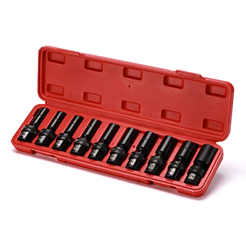 EMENTOL 10PCS 3/8" Drive Deep Universal Impact Socket Set, 6 Point, Metric, CR-MO, Swivel Impact Socket Set, 10mm - 19mm - Image 1