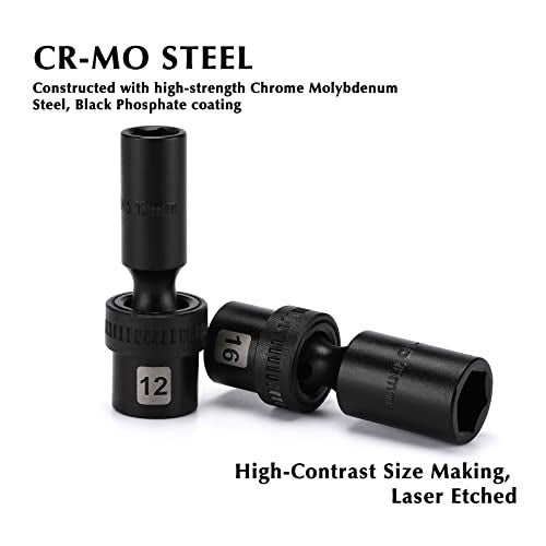 EMENTOL 10PCS 3/8" Drive Deep Universal Impact Socket Set, 6 Point, Metric, CR-MO, Swivel Impact Socket Set, 10mm - 19mm - Image 4
