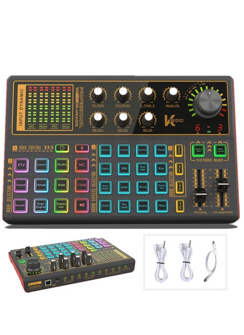 Professional audio mixer K300 live sound card and audio interface sound card with a wide range of DJ mixing effects vocoder and LED lights ideal for streaming/podcasting/gaming/recording/YouTube/PC