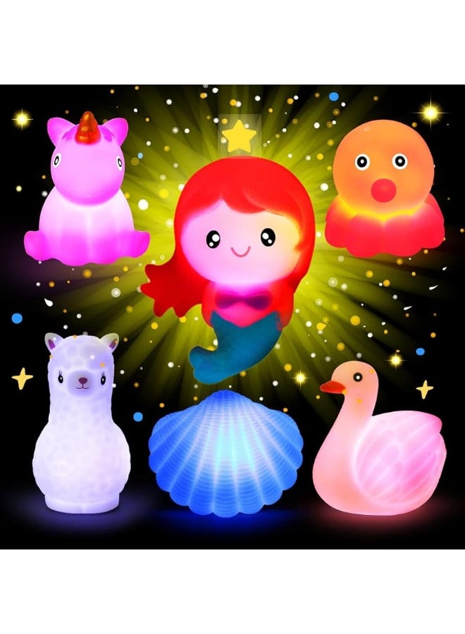 Woby Bath Toys for Toddlers 1-3, No Hole Cute Light Up Bathtub Toys Floating Rubber Sea Animal Set with Flashing Colorful LED Light Unicorn Mermaid for Bathroom Shower Swimming Pool Party for Baby Girl Boy - Image 4