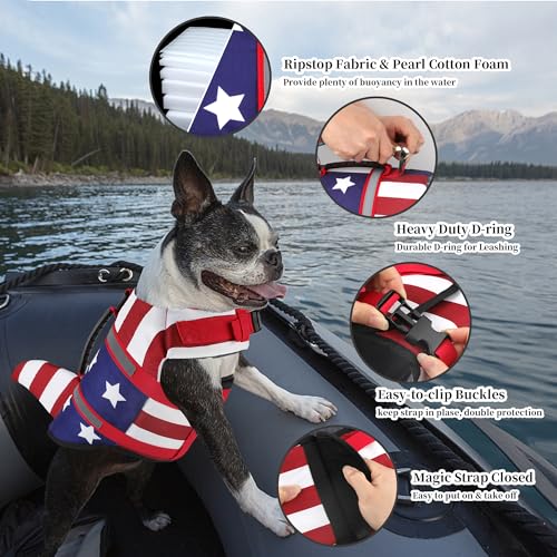 Dogcheer Dog Life Jacket Shark, American Flag Dog Life Vest with Reflective Stripes & Rescue Handle, Adjustable High Buoyancy Puppy Swim Float Vest for Small Medium Large Dogs(USA Flag, XS) - Image 4