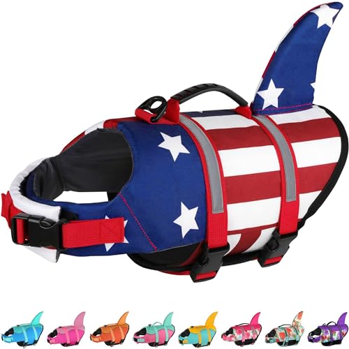 Dogcheer Dog Life Jacket Shark, American Flag Dog Life Vest with Reflective Stripes & Rescue Handle, Adjustable High Buoyancy Puppy Swim Float Vest for Small Medium Large Dogs(USA Flag, XS) - Image 1