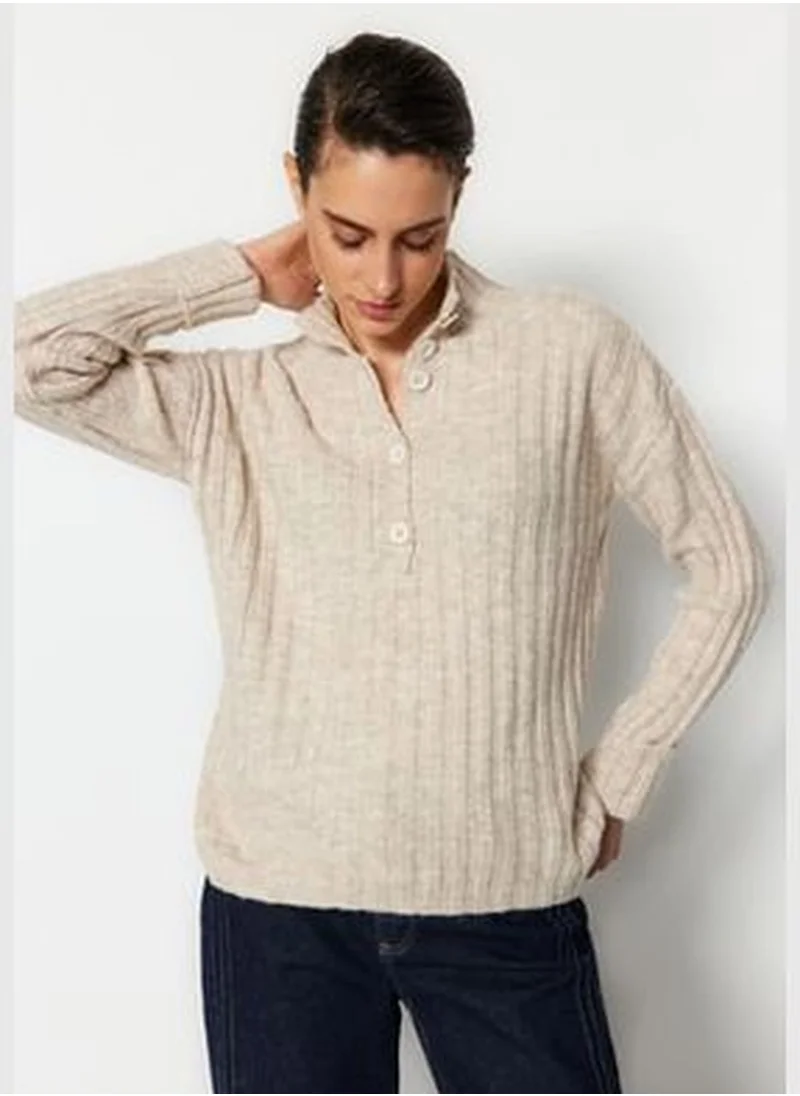 trendyol Stone Wide fit Soft Textured Standing Collar Knitwear Sweater TWOAW21KZ0783