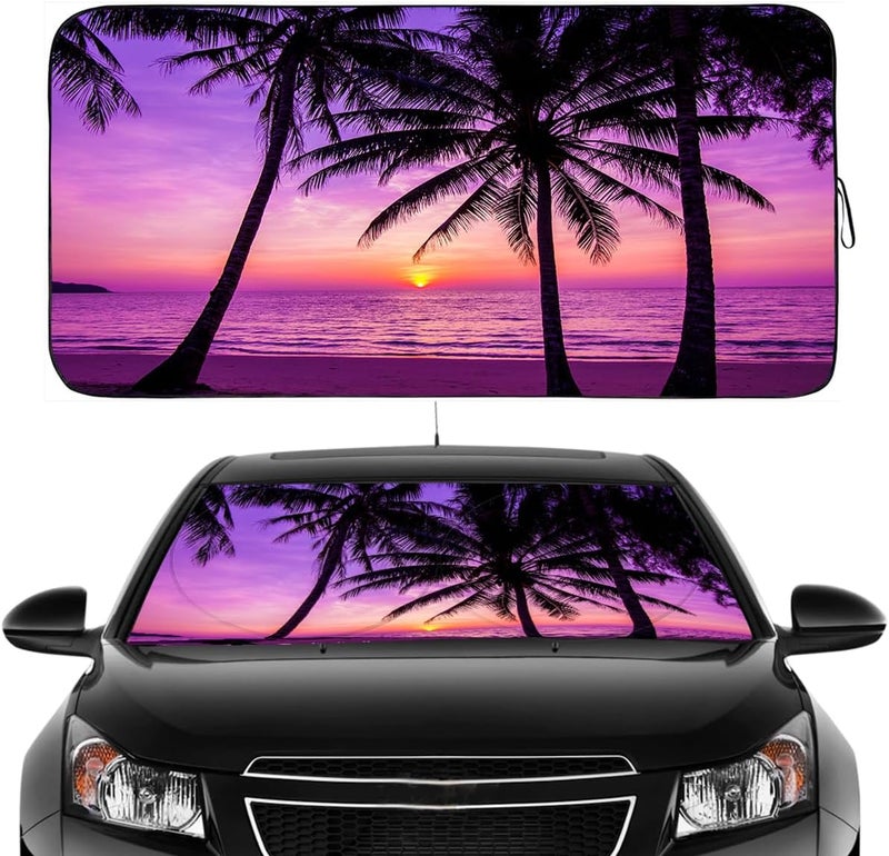 Güvenç Windshield Sun Shade, Car Front Window Shades Cute Sunshade Cover Sun Visor Shield Block Automotive Interior Protector Blocks UV Rays for Pickup Truck SUV Accessories(Sunset Purple, L), Large - Image 1