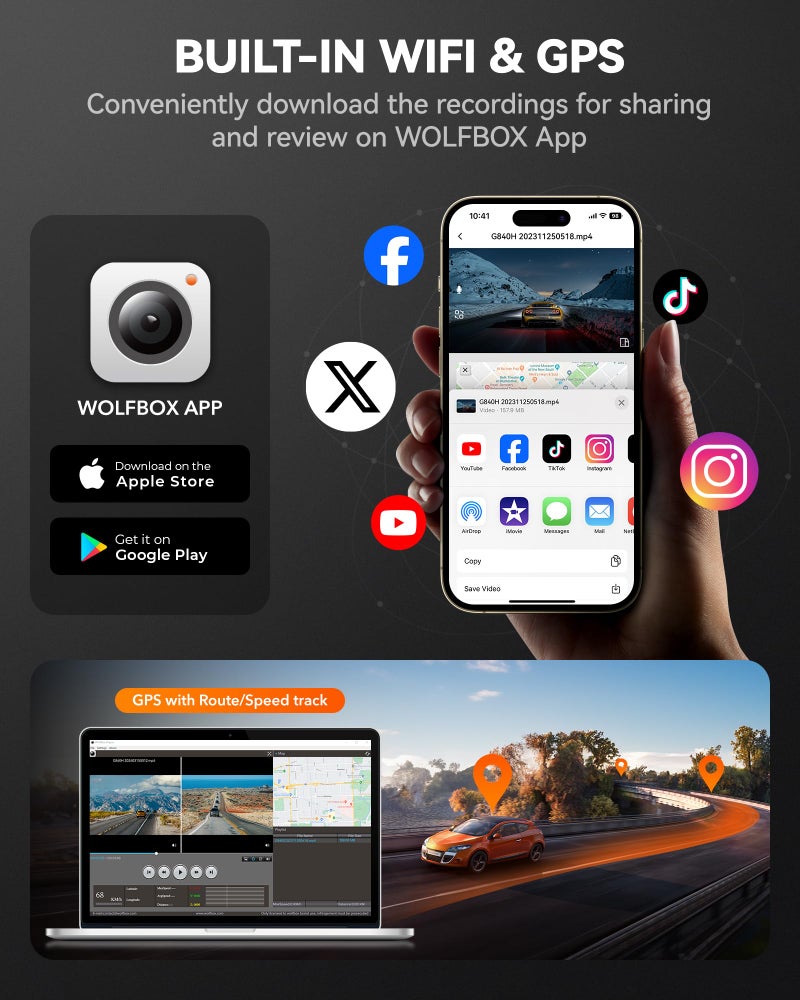 WOLFBOX M40 4K Rear View Mirror Dash Cam for Car, Front 4K + Rear 1080P, 10” Touch Screen, ADAS & GPS, Voice Control, 2.4GHz WiFi, 64GB Card Included - Image 3