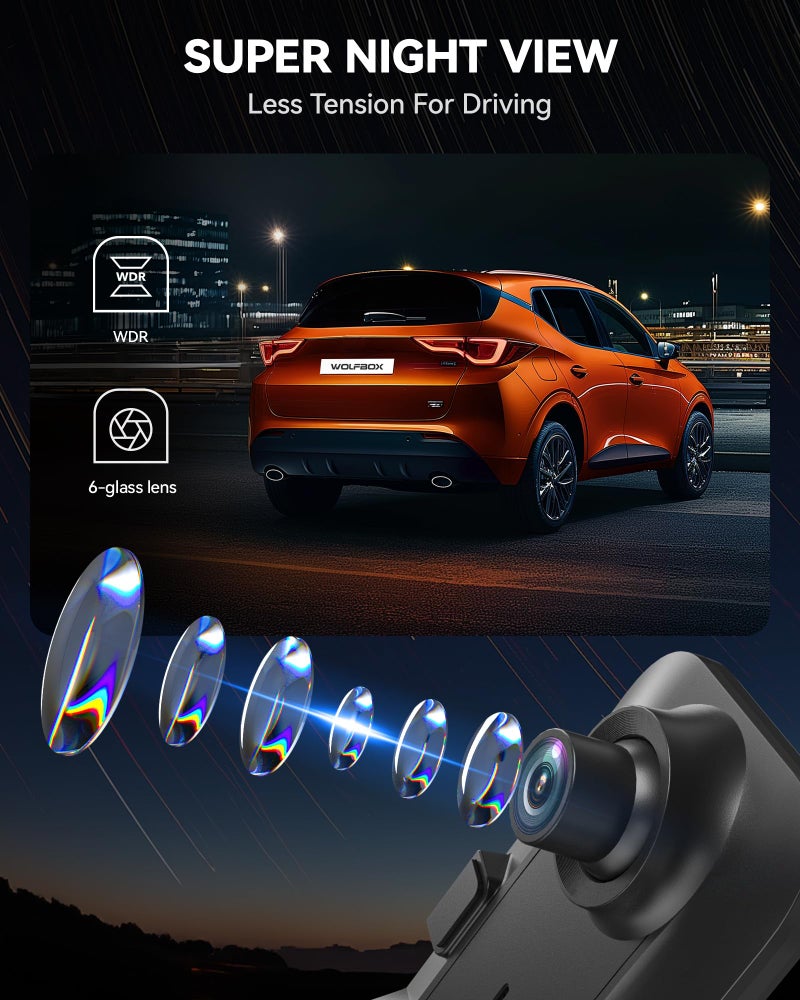 WOLFBOX M40 4K Rear View Mirror Dash Cam for Car, Front 4K + Rear 1080P, 10” Touch Screen, ADAS & GPS, Voice Control, 2.4GHz WiFi, 64GB Card Included - Image 4