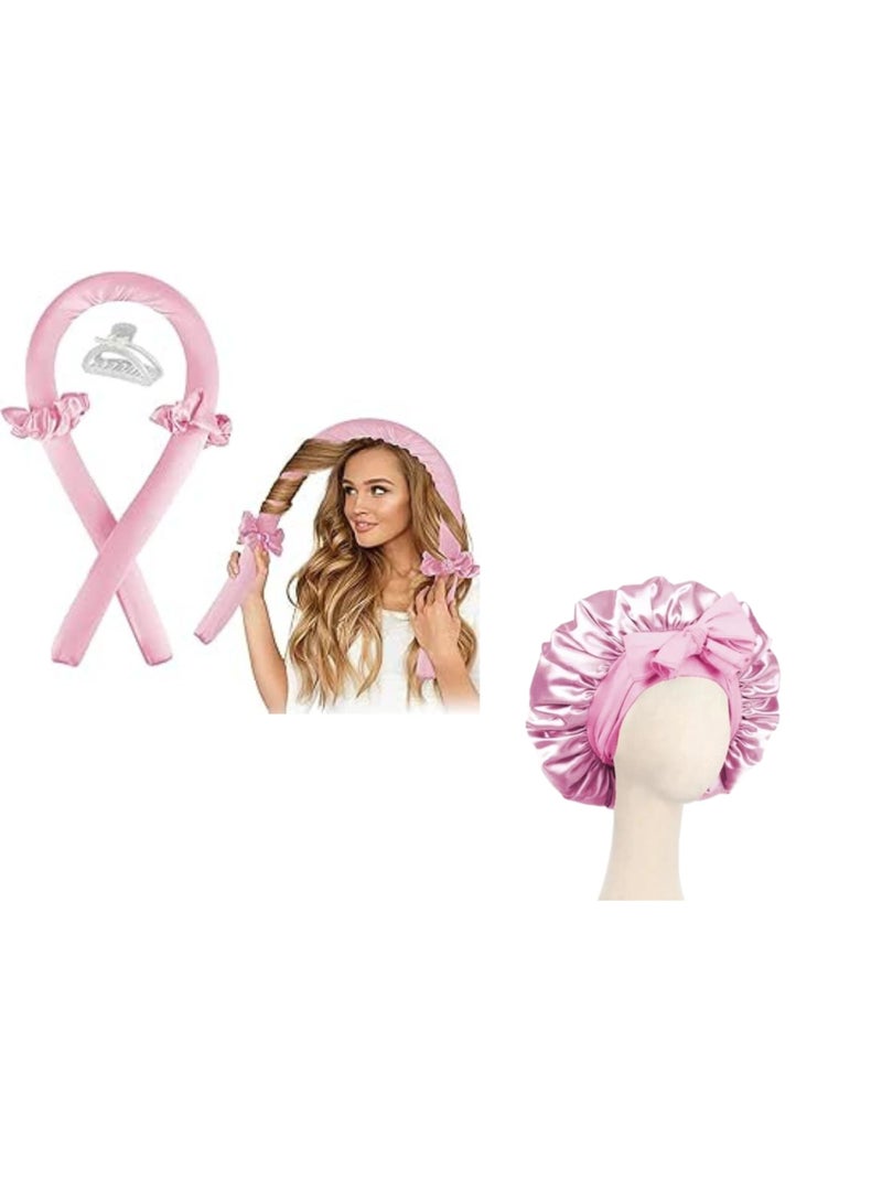 بونيه نوم حرير أنيق للنساء، قطعة واحدة مصنوعة من قماش الساتان، عناية عالية التقنية، يمكن ارتداؤها أثناء النوم، بالإضافة إلى عصابة رأس إسفنجية لتجعيد الشعر بدون حرارة في الليل للحصول على مظهر طبيعي رائع، بينك - Image 1