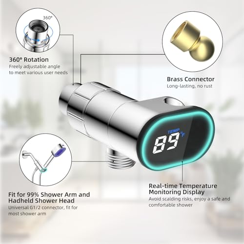 Hibbent Upgraded Metal Shower Head Holder with LED Display Shower Thermometer Adjustable Shower Arm Mount for Handheld Shower Head Universal Shower Head Bracket Solid Brass Pivot Ball Chrome - Image 3