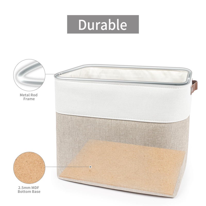 Bagnizer Large Fabric Storage Baskets | 50L Storage Bins, Decorative Linen Closet Baskets with Handles for Organizing, Shelf, Toys, Clothes, Home, Office, Nursery, 17x12x15Inches (Beige&White) - Image 4