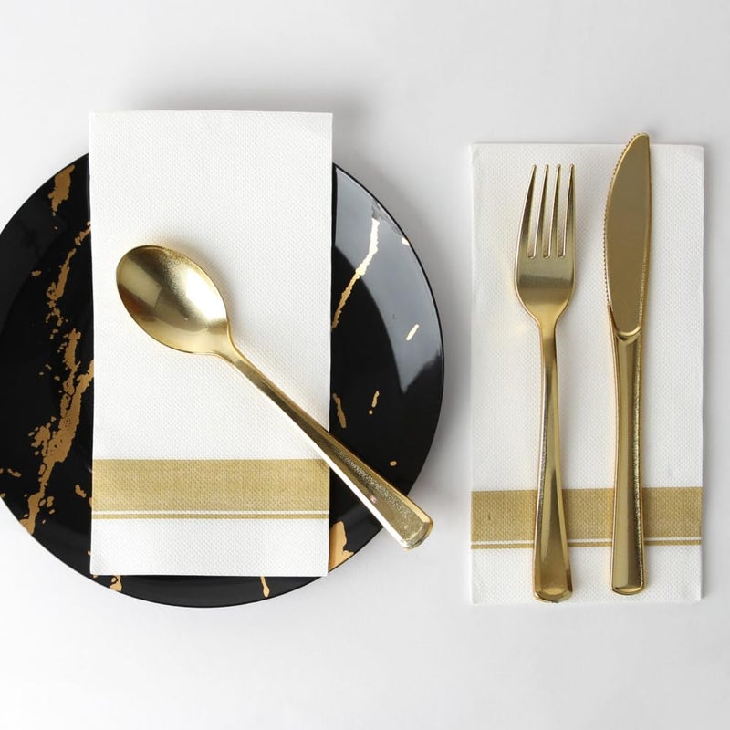 Blue Sky Rectangle Cloth-Like White Napkins with Gold Border, 50 Pack Fancy Paper Napkins, 22" x 22" Disposable Dinner Napkins - Decorative Party Napkins for Weddings, Dinners, Upscale Parties & Events - Image 4