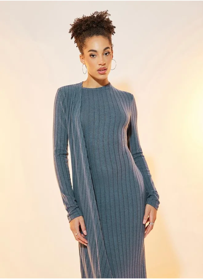Styli Ribbed Knit Asymmetric Hem Draped Maxi Dress