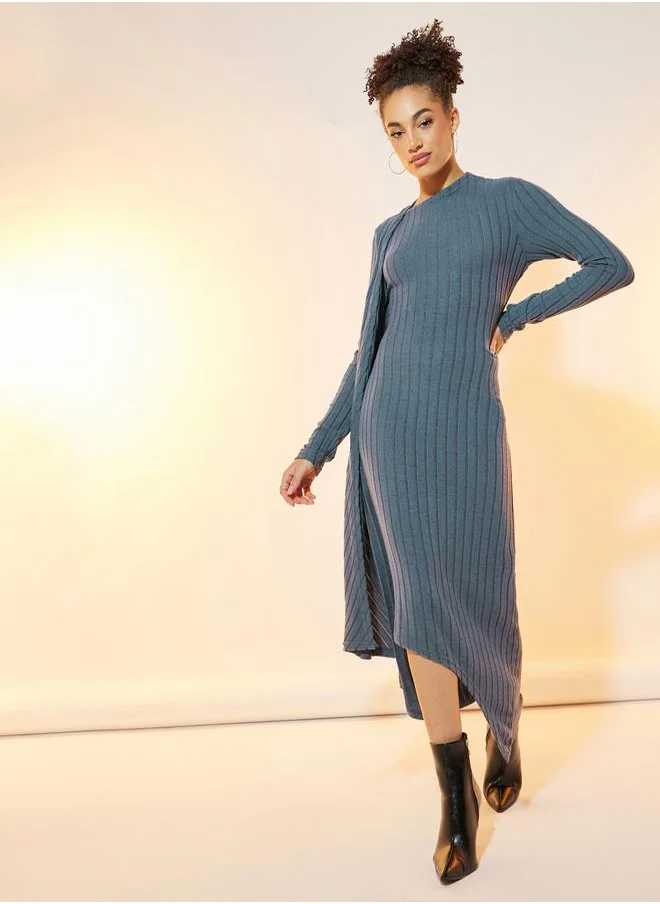 Styli Ribbed Knit Asymmetric Hem Draped Maxi Dress