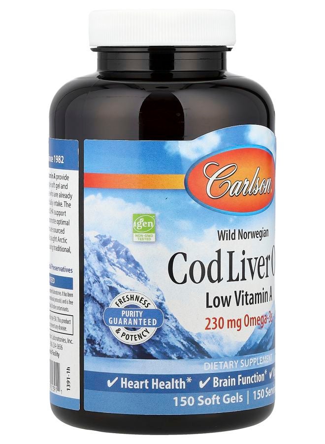 Carlson Wild Norwegian Cod Liver Oil Gems Low Vitamin A Natural Lemon 150 Soft Gels - Image 2