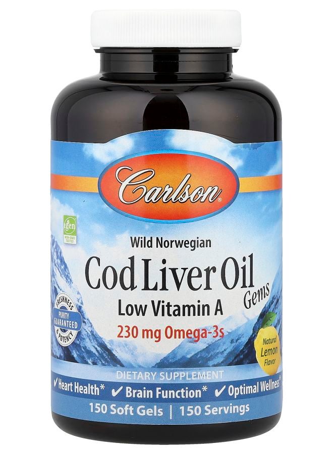 Carlson Wild Norwegian Cod Liver Oil Gems Low Vitamin A Natural Lemon 150 Soft Gels - Image 1