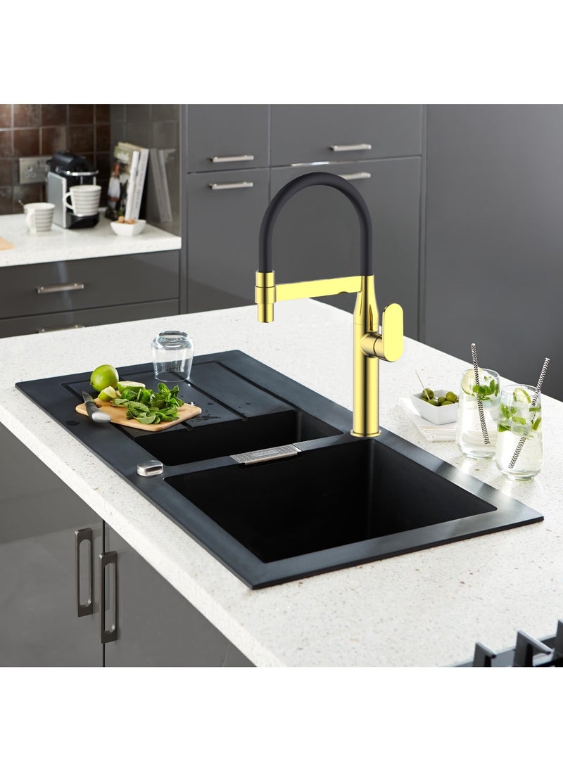 HESANIT HESANIT Deck Mounted Kitchen Faucet Mixer With Flexible Pull Out Spout Black Gold - 6931-1BG  - Image 2