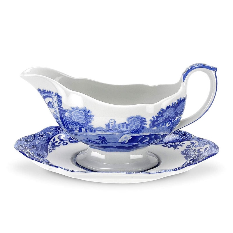 Spode Blue Italian 9 Oz Gravy Boat and Saucer, Earthenware Sauce Boat with Large Handle, Classic Countryside Design, Perfect for Gravy, Sauces, Salad Dressings, Dishwasher & Microwave Safe - Image 1