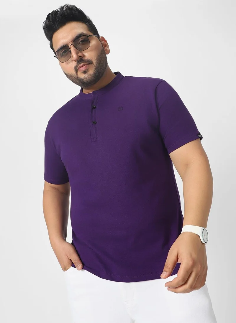 Urbano Plus Men's Purple Solid Mandarin Collar Regular Fit Cotton T-Shirt
